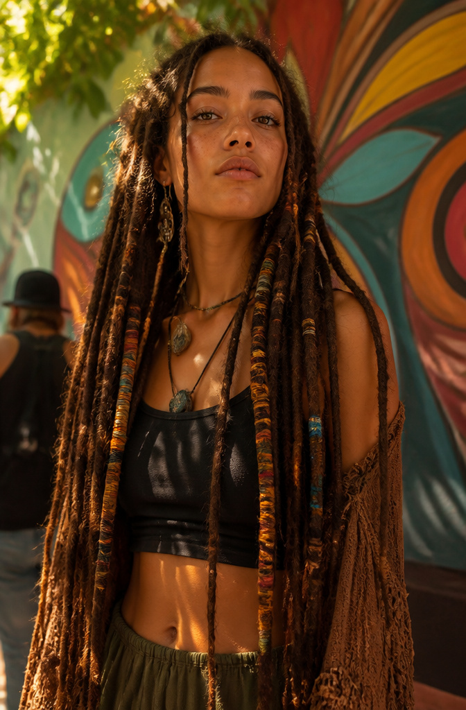 10 Hippie Hairstyles That Defined the 1960s and Still Work in 2026 10 A model displaying colorful dreadlocks in an urban space.