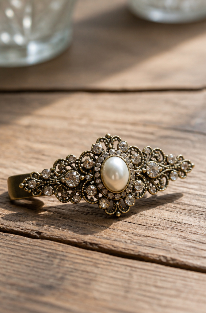 DIY Hair Clips: 12 Ideas for Statement, Bow, Beaded and More 10 Collection of vintage jewelry repurposed as hair clips on a surface.