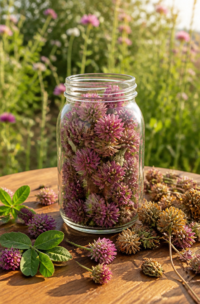 A jar filled with red clover flowers on a wooden table.