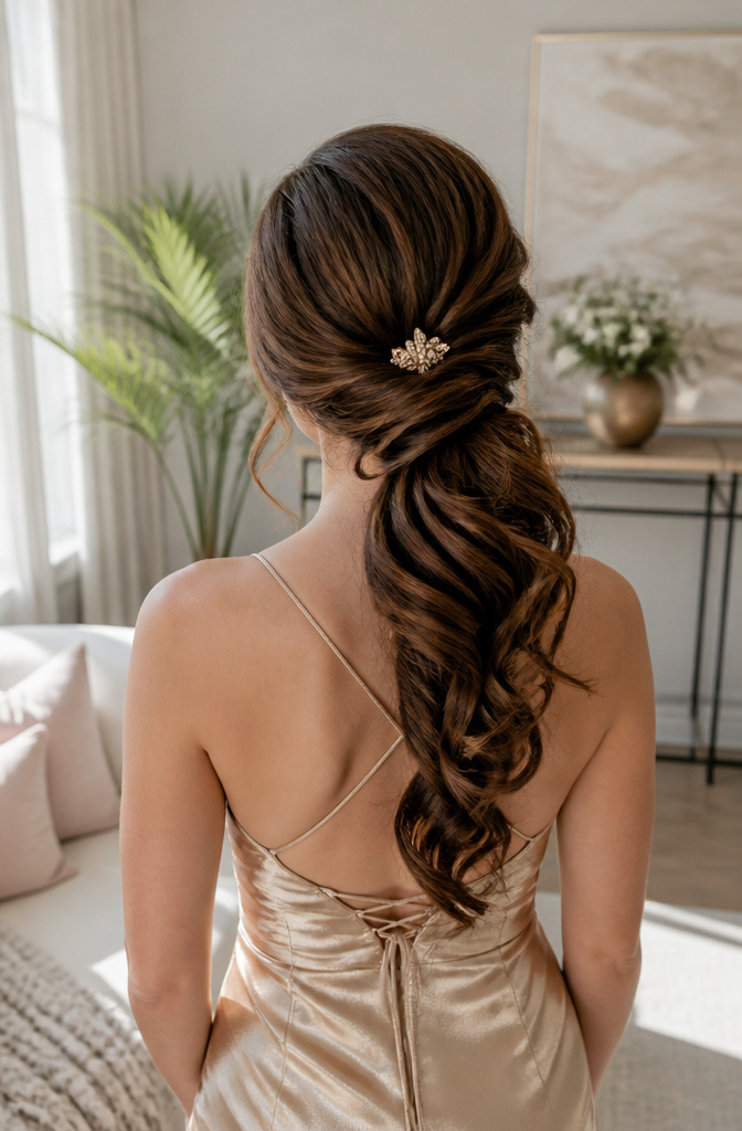 20 Prom Hairstyles for Long Hair: Ideas for 2026 11 A side-swept hairstyle gathered to one shoulder with a pin.
