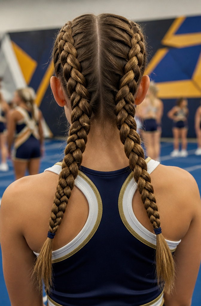 18 Cheer Hair Styles: Ideas for Every Practice and Competition 11 A cheerleader with double Dutch braids in a gym setting.