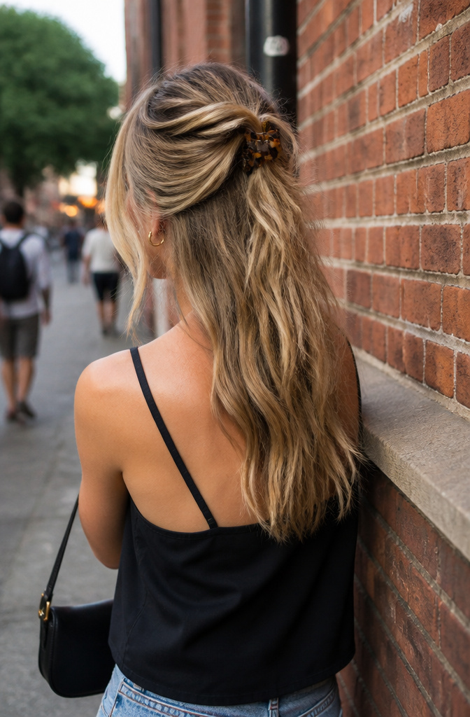 17 Half Up Half Down Hairstyles Claw Clip Ideas for 2026 11 Woman with a messy half-up half-down hairstyle.