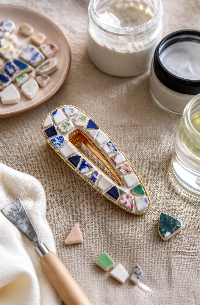 DIY Hair Clips: 12 Ideas for Statement, Bow, Beaded and More 11 Mosaic hair clip featuring colorful tiles and ceramics on a linen background.