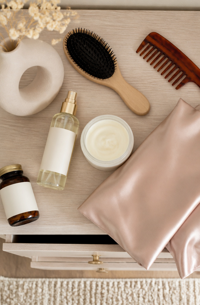 How to Grow Your Hair Faster: 7 Steps Backed by Research 11 Collection of hair care tools including a heat protectant and scalp scrub.