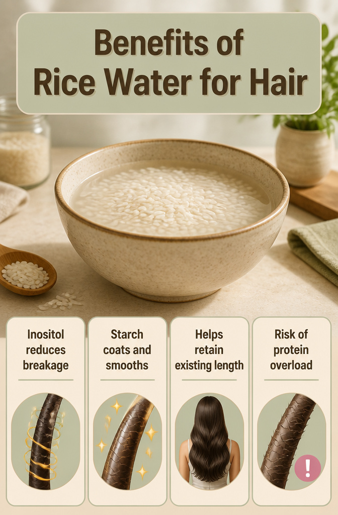 An infographic detailing the benefits of rice water for hair.
