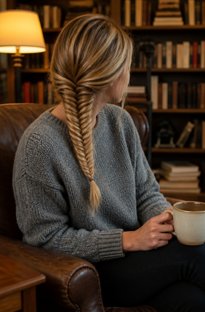 20 Easy Hairstyle Ideas You Can Do in Minutes (2026) 11 A model showcasing a fishtail braid styled on her side.