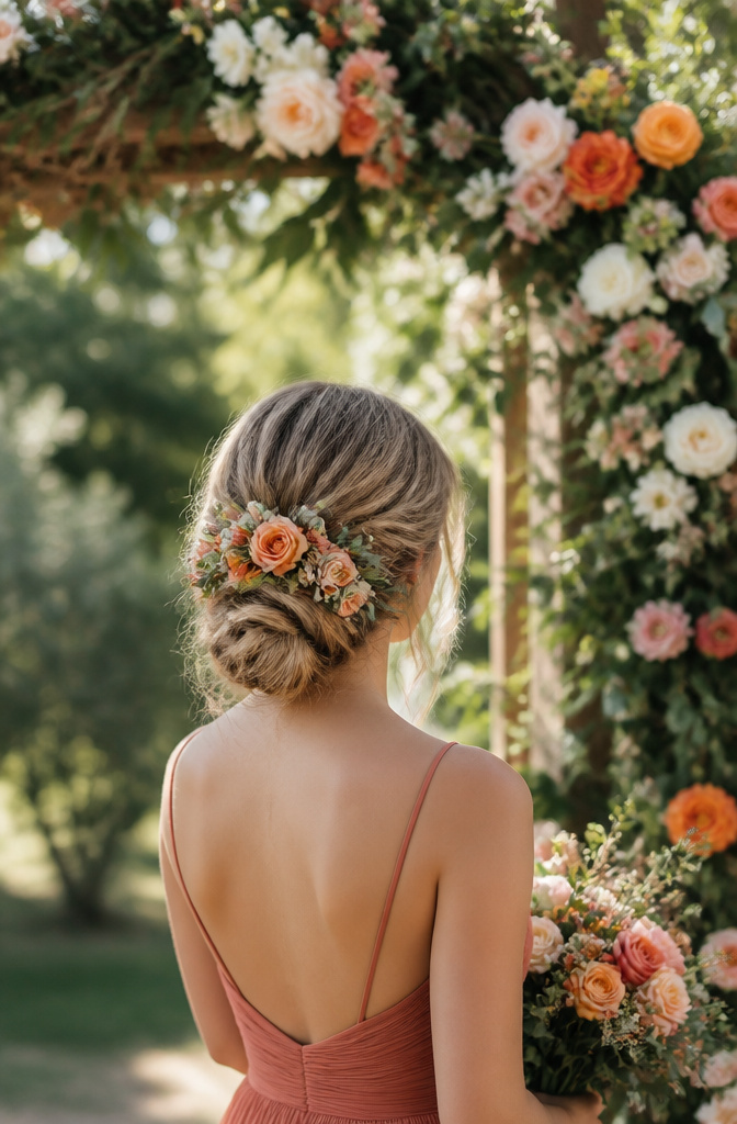 12 Bridesmaid Hairdo Ideas for 2026: Updos, Braids, Waves & More 11 Bridesmaid's hair adorned with fresh flowers at an outdoor wedding.