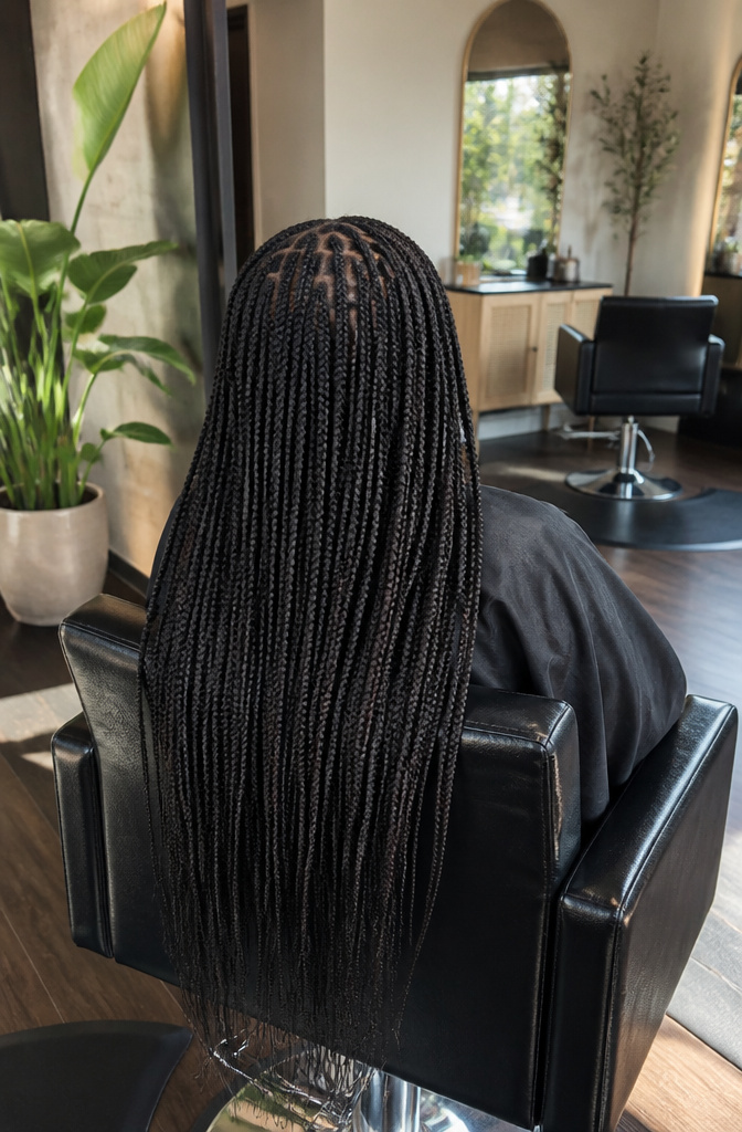 20 Pretty Hairstyles with Braids for 2026 11 Woman with knotless braids being styled in a chic salon.