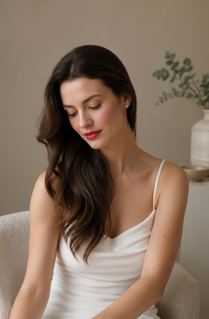A model with soft waves and a bold red lip in a studio.