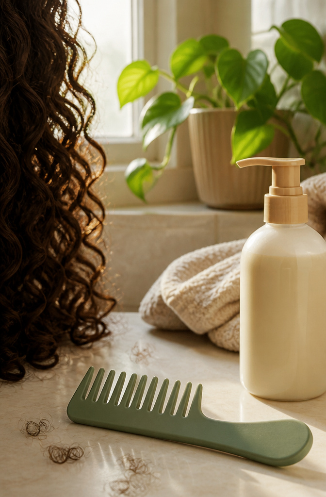 How to Comb Hair: 6 Ways to Style, Detangle, and Protect 11 Wide-toothed comb alongside conditioner in a bathroom.