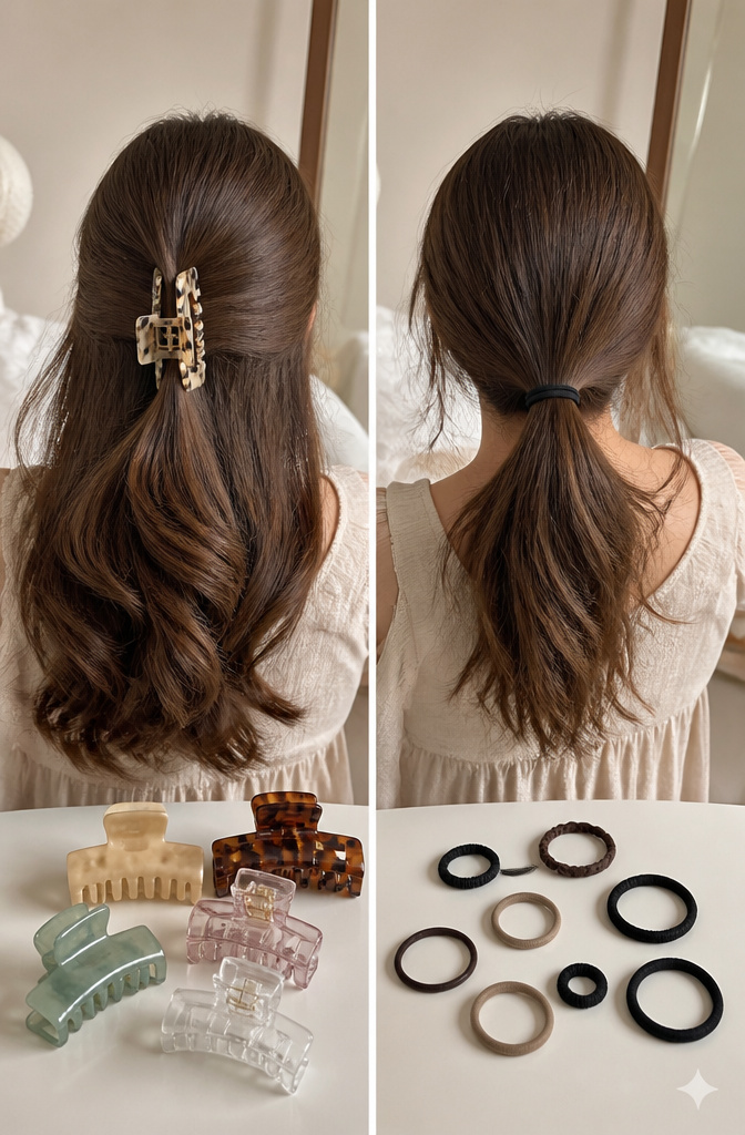 10 Hair Clips Hairstyles for 2026: French Twist, Half-Up, Bun & More 11 Illustration showing the benefits of claw clips over elastics.