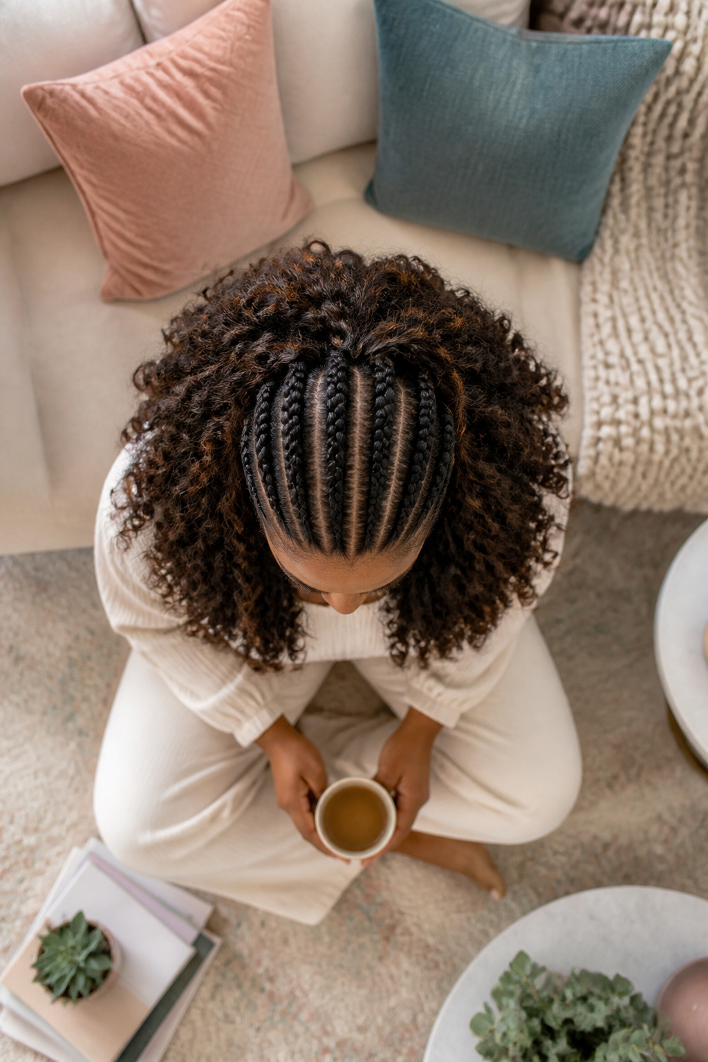A woman with crochet braids installed over a base of cornrows.