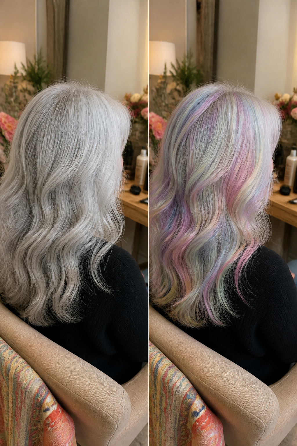 Best Holographic Hair Ideas: Colors, Styles and Techniques for 2026 12 Model with gray hair enhanced by a pearl gloss in a bright setting.