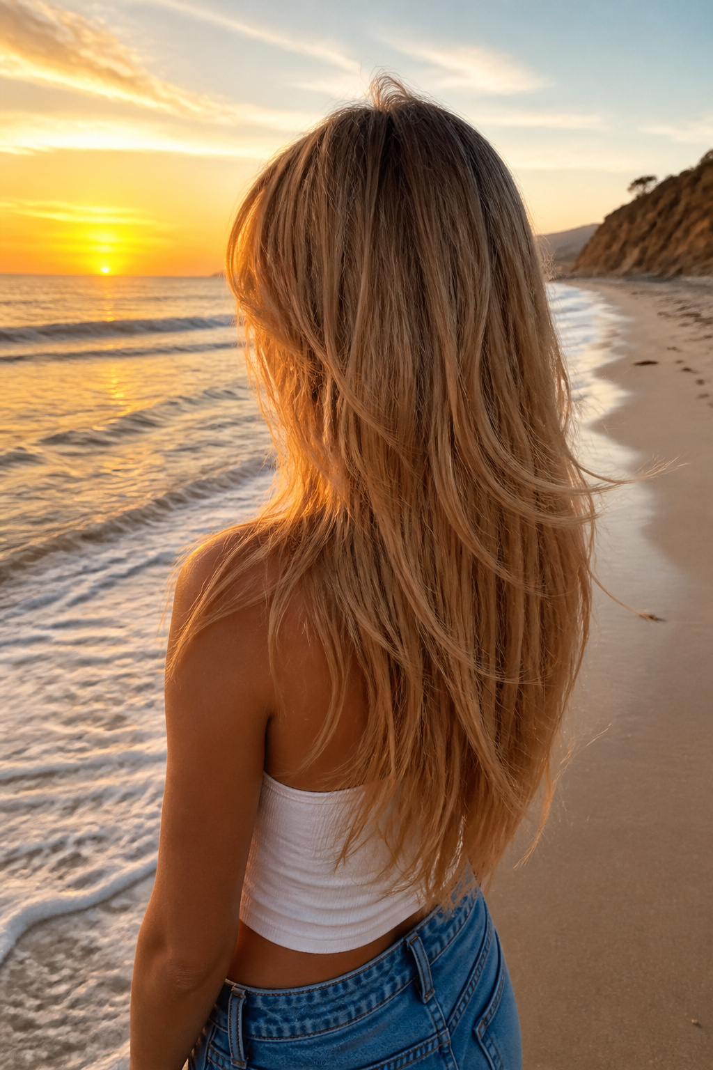 19 Trending Long Layered Hair with Bangs Styles for 2026 12 Model showcasing long warm blonde layers with tapered bangs.