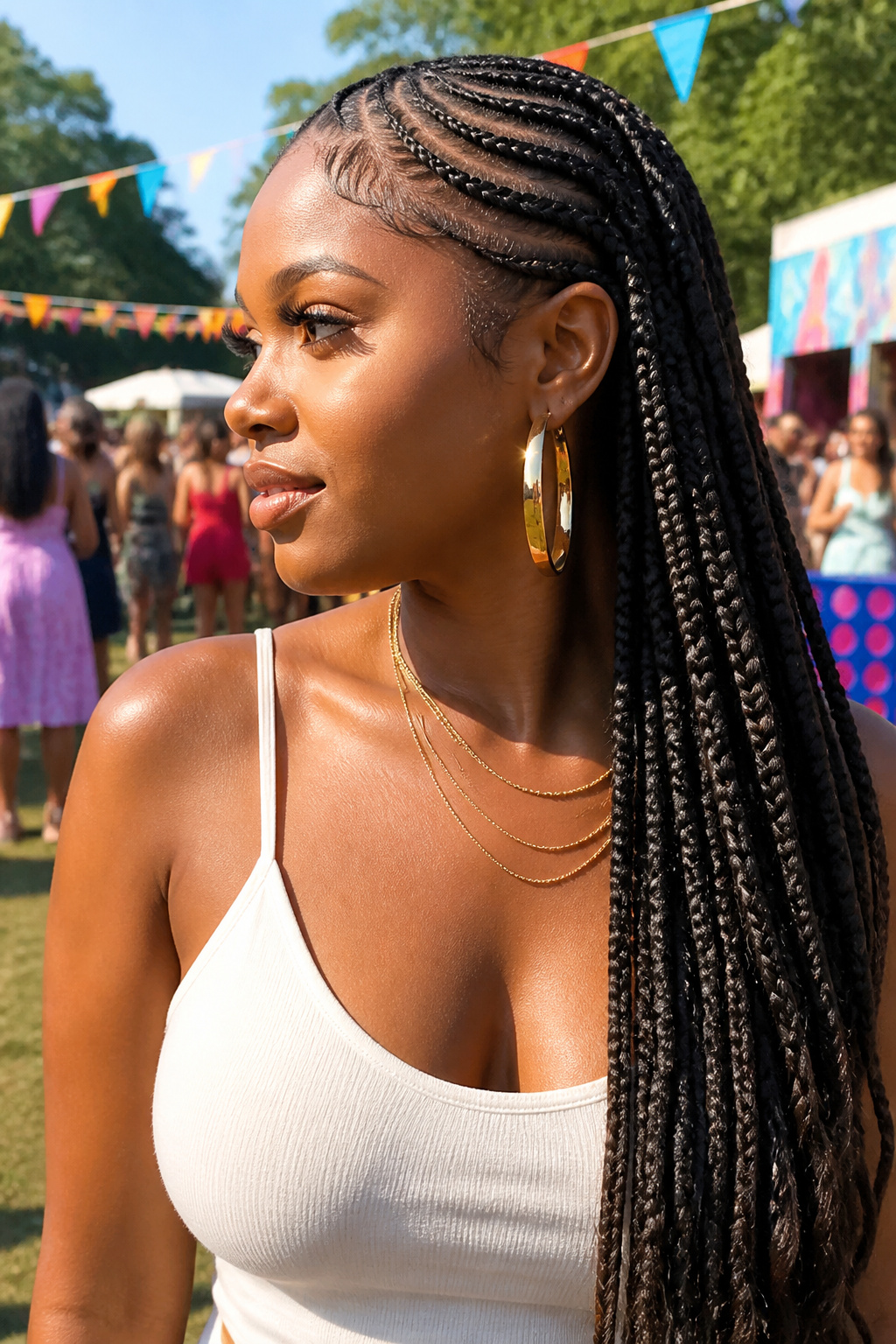 A woman with side-swept lemonade braids styled elegantly.