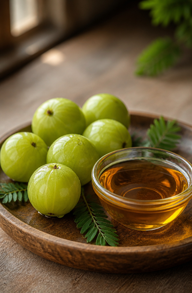 Amla fruit and oil prepared on a wooden surface.