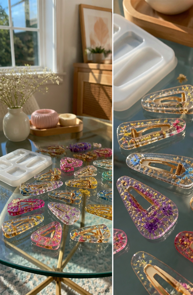 DIY Hair Clips: 12 Ideas for Statement, Bow, Beaded and More 12 Lightweight resin hair clips with embedded items displayed on a surface.