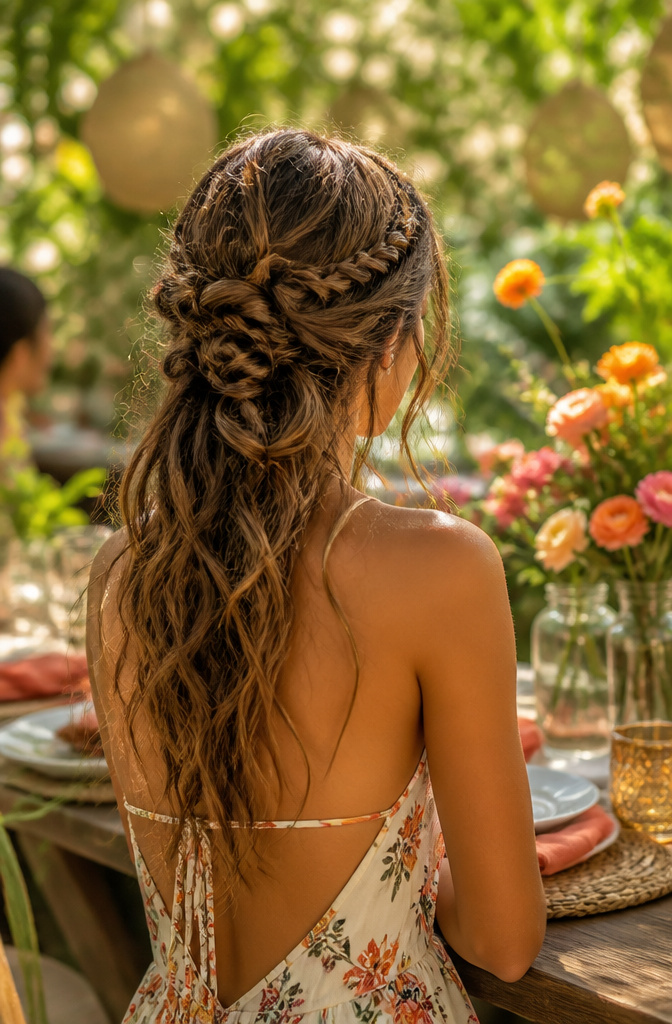 20 Pretty Hairstyles with Braids for 2026 12 Woman with boho braids surrounded by flowers at an outdoor event.