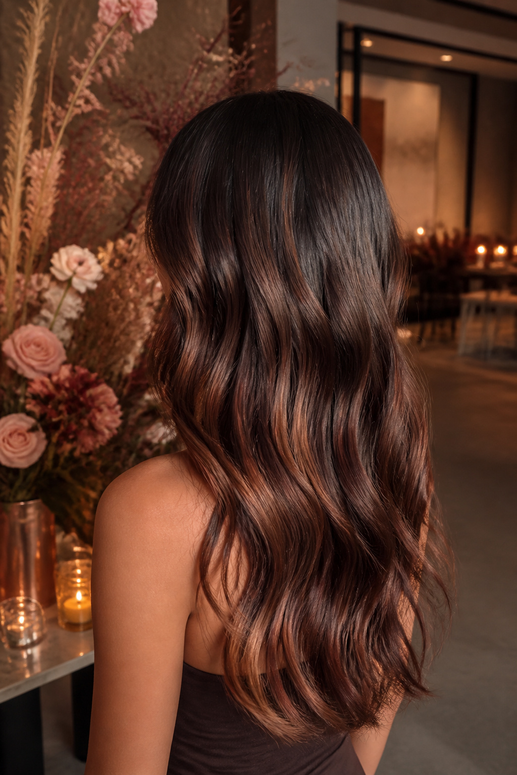 A model with chocolate brown hair enhanced by rose gold highlights.