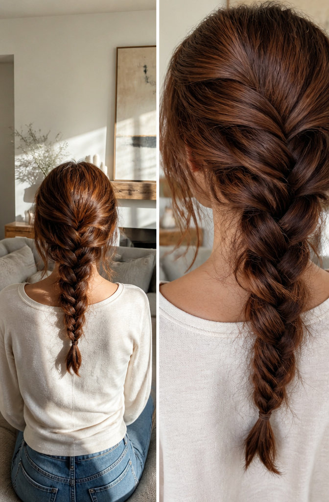 20 Easy Hairstyle Ideas You Can Do in Minutes (2026) 12 A model with a faux braid styled down her back.