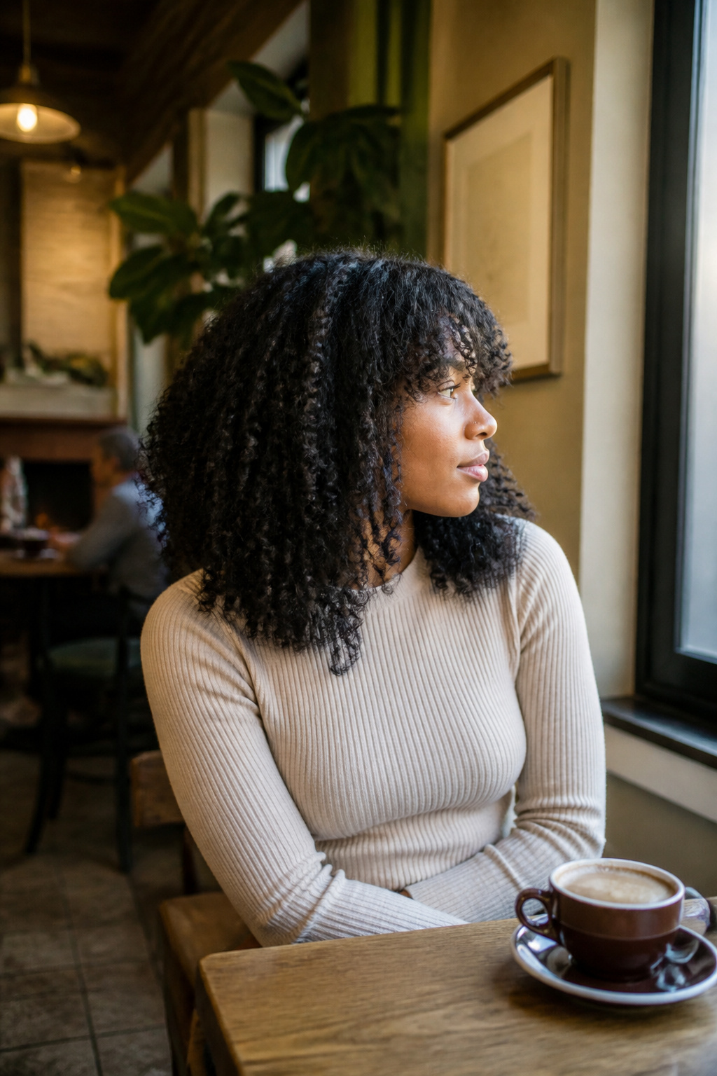15 Crochet Braids Styles for 2026: From Box Braids to Butterfly Locs 12 Model with crochet braids and bangs styled in a warm café.