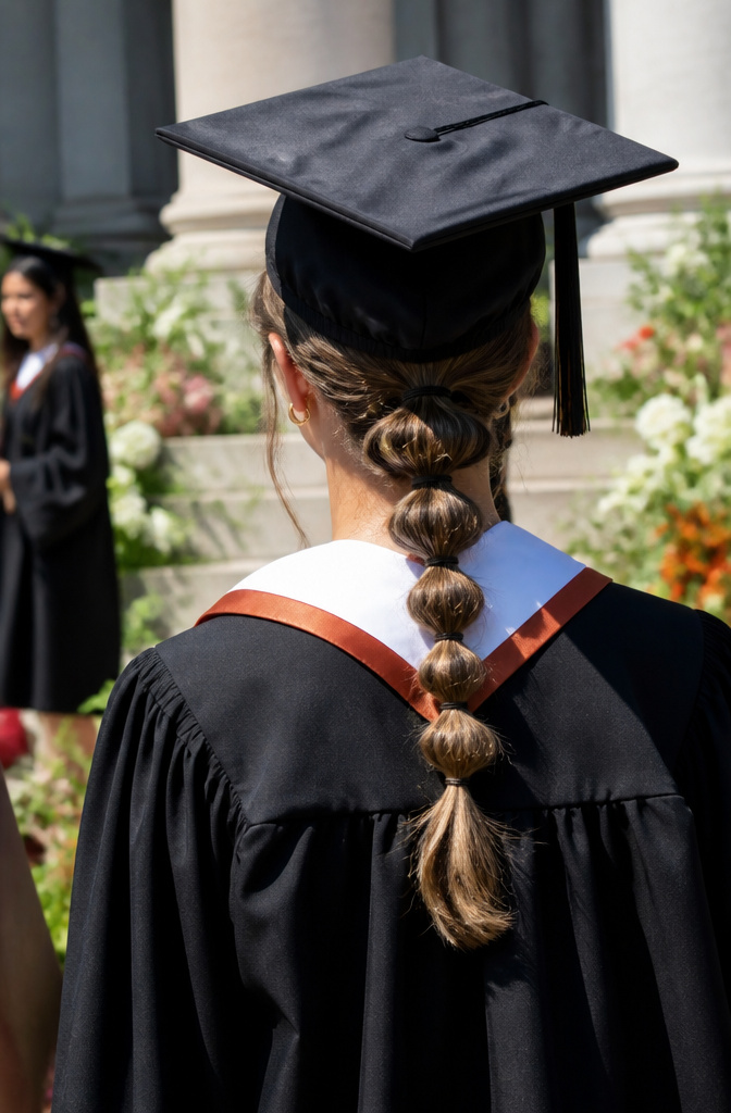 20 Down Hairstyles for Graduation That Work with a Cap 12 Graduate with a bubble braid hairstyle beneath her mortarboard cap.