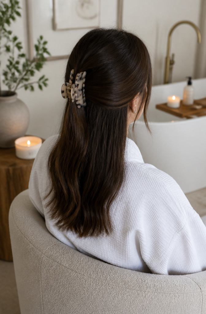 17 Half Up Half Down Hairstyles Claw Clip Ideas for 2026 12 Woman showcasing a polished half-up half-down hairstyle.