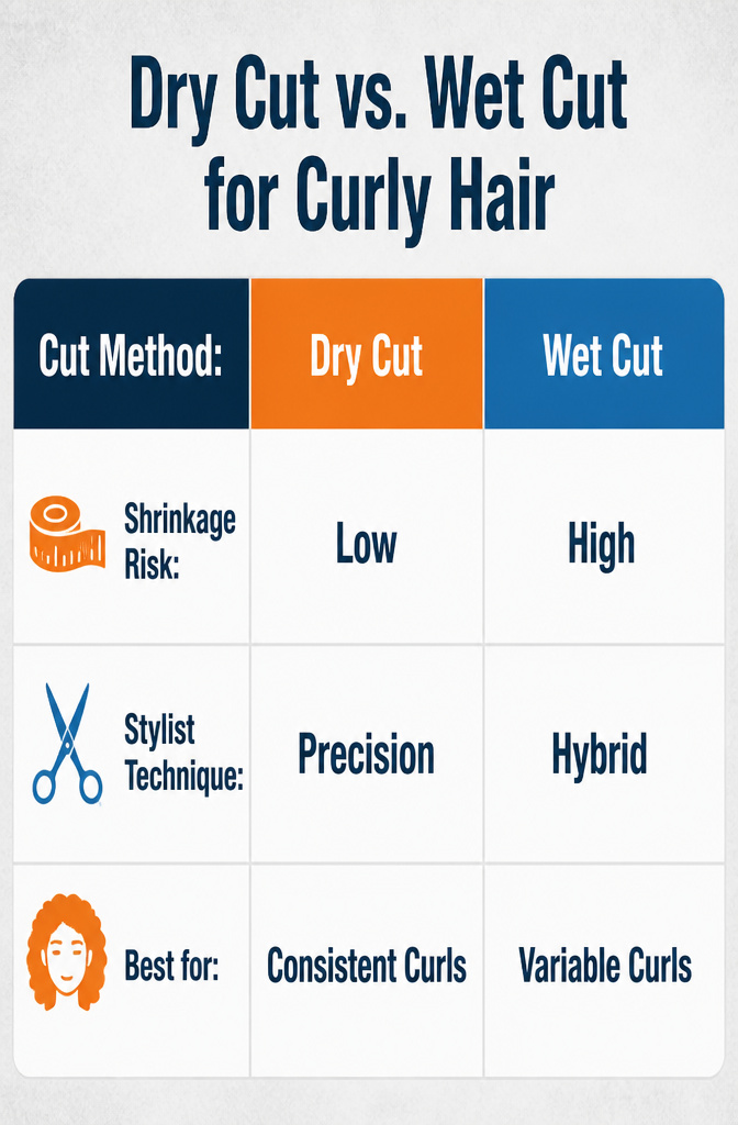 10 Cut Curly Hairstyles: Styles, Tips & What to Ask For in 2026 12 An infographic explaining dry and wet cutting techniques for curly hair.
