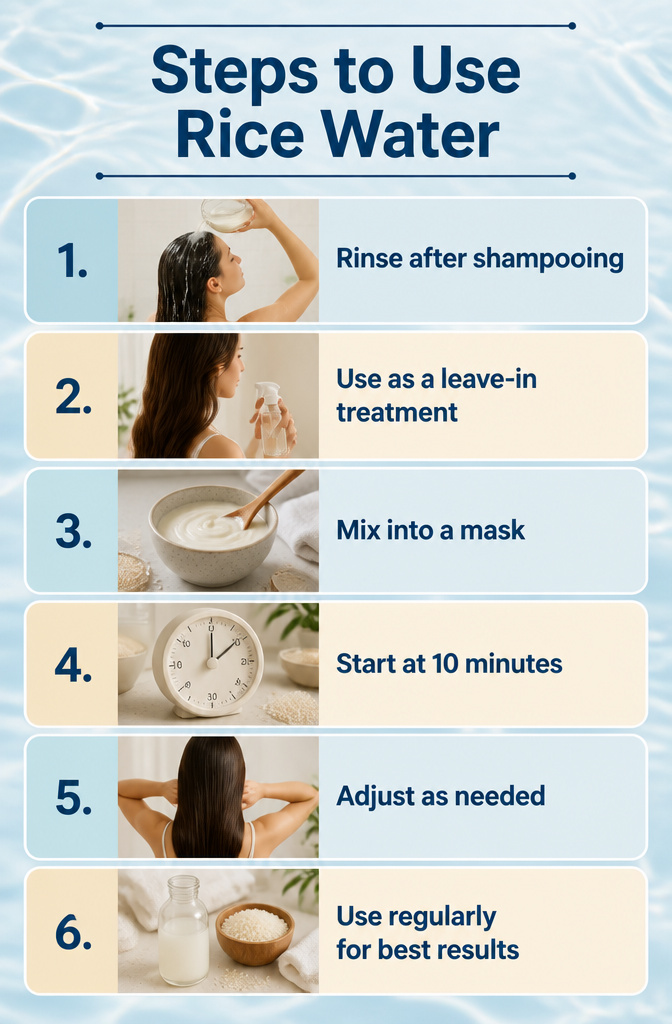 An infographic showing steps to use rice water for hair.