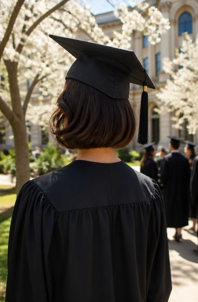 20 Down Hairstyles for Graduation That Work with a Cap 13 Graduate with a blunt bob styled with a side-swept curl.