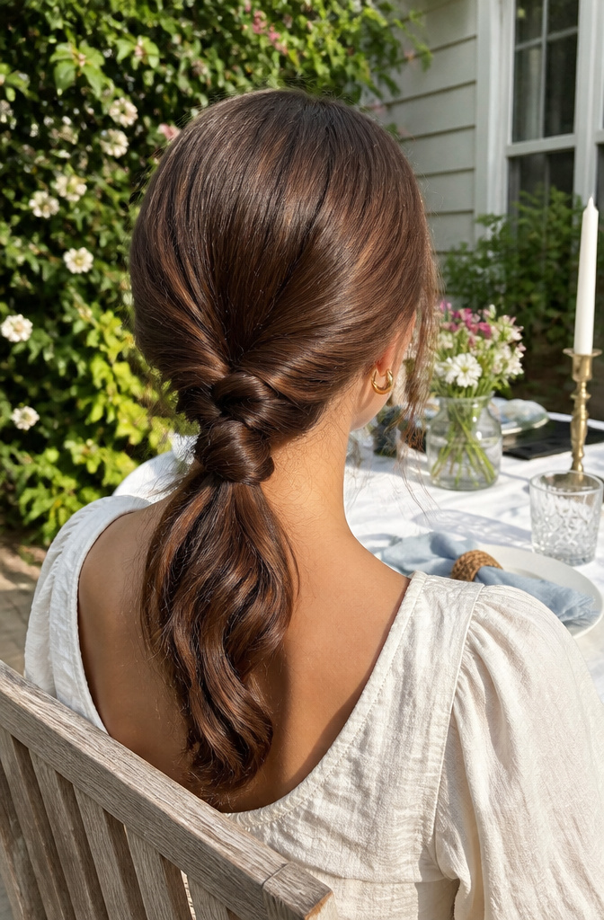 20 Easy Hairstyle Ideas You Can Do in Minutes (2026) 13 A model with a stylish twisted ponytail gathered low.