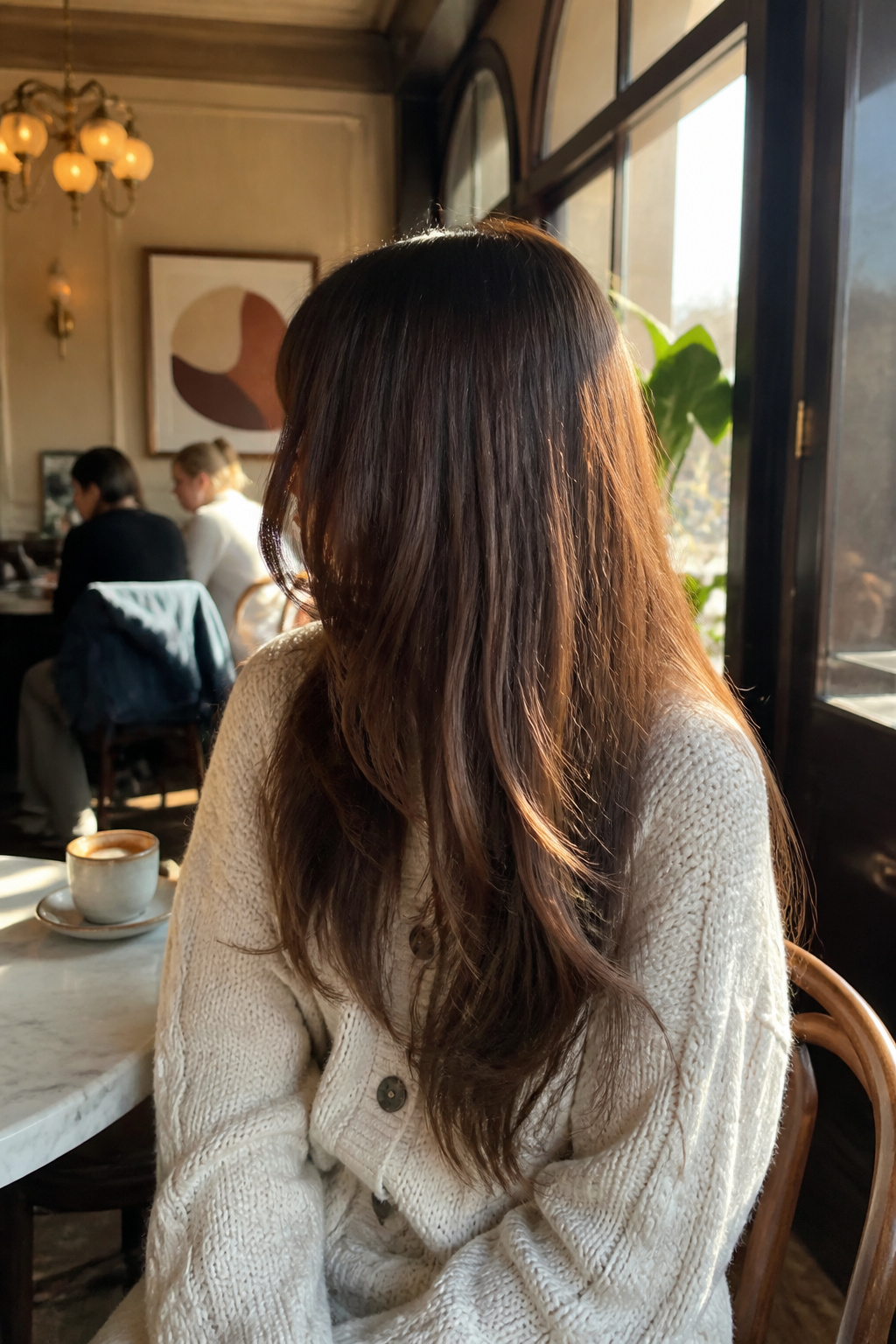 19 Trending Long Layered Hair with Bangs Styles for 2026 13 Model with chocolate brown layers and blunt bangs.