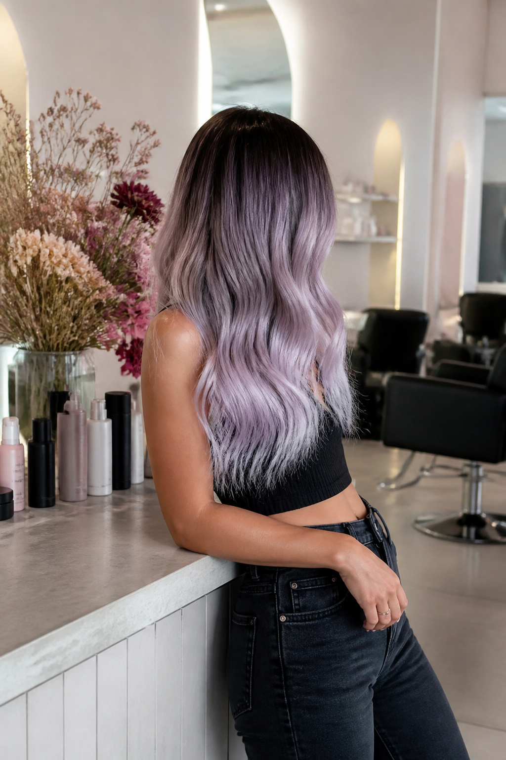 Best Holographic Hair Ideas: Colors, Styles and Techniques for 2026 13 Model with holographic ombre hair in an upscale salon.