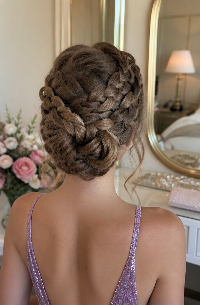 20 Prom Hairstyles for Long Hair: Ideas for 2026 13 A braided updo hairstyle with intricately woven braids.
