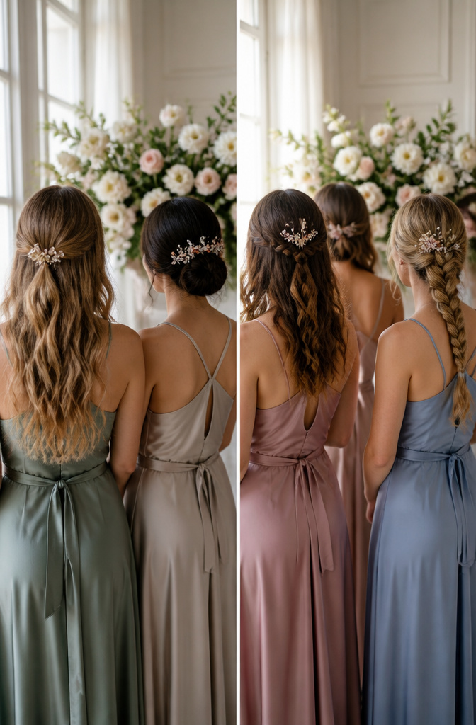 12 Bridesmaid Hairdo Ideas for 2026: Updos, Braids, Waves & More 13 Bridesmaids with various hairstyles at a wedding.