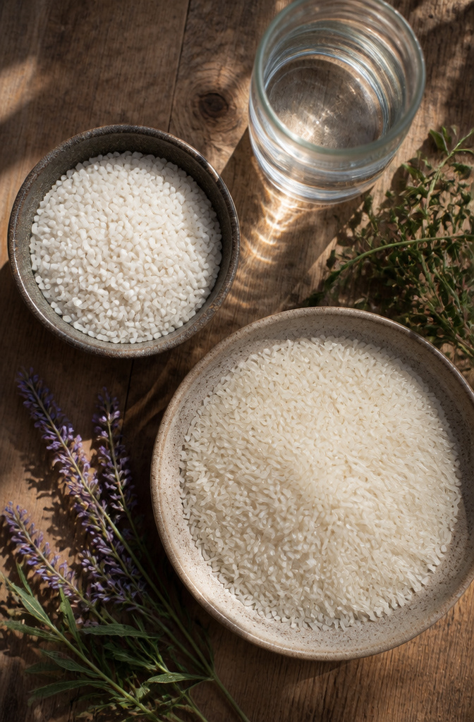 A display of different types of rice, including short-grain and jasmine.