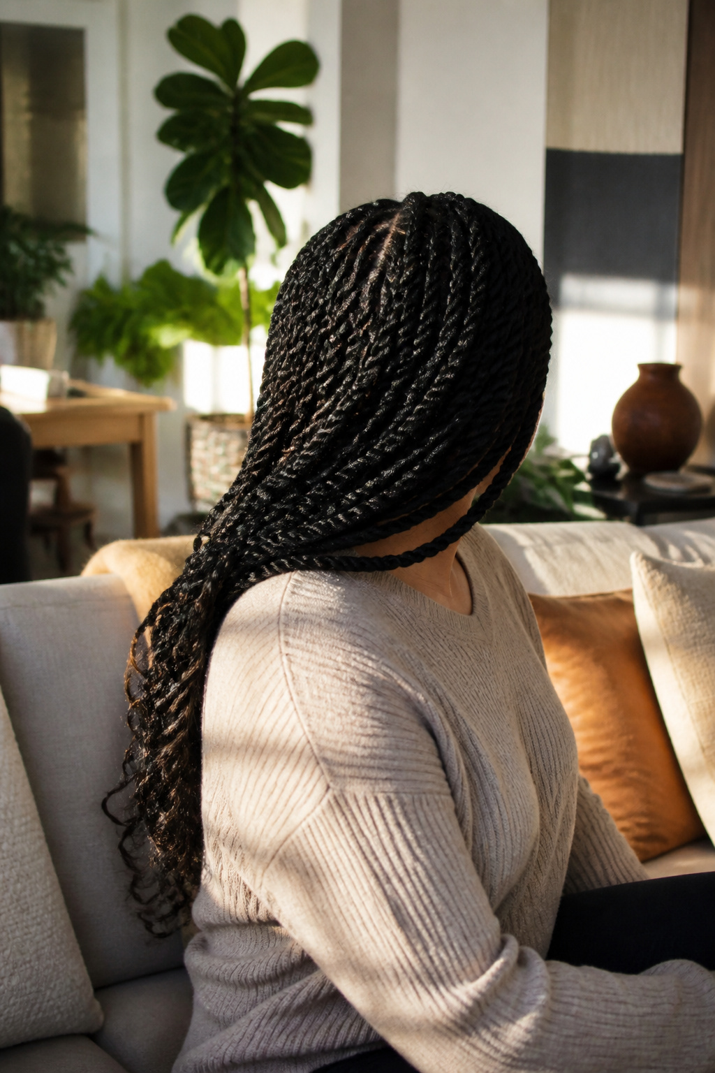 A woman showcasing her elegant Senegalese twists at home.