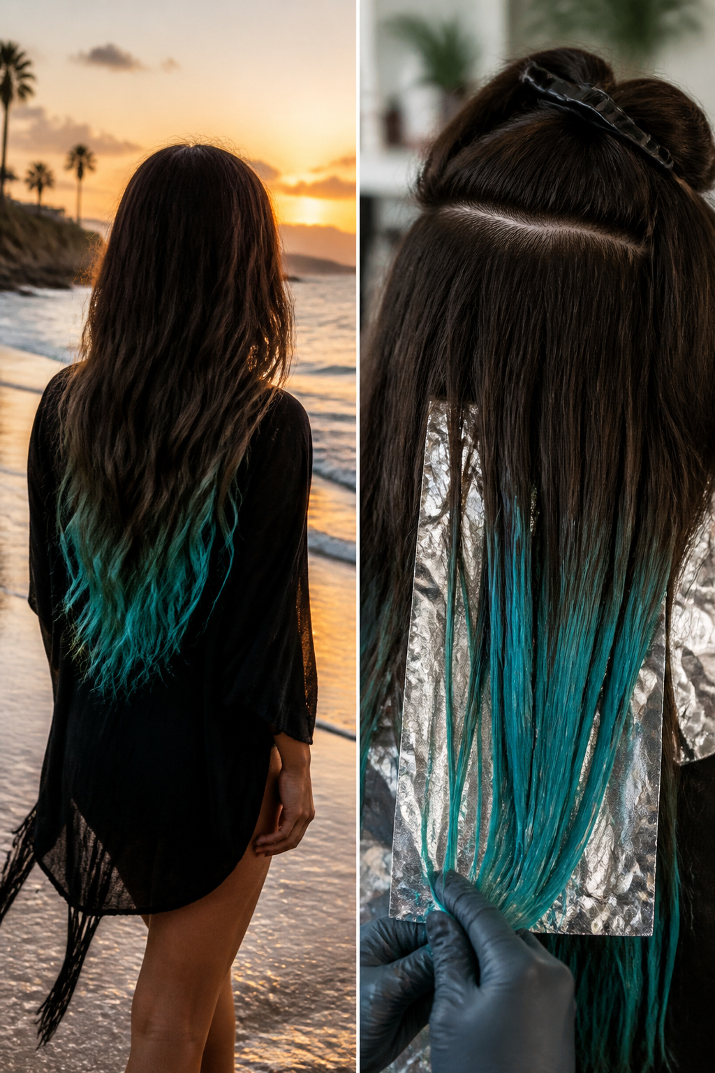 A model with chocolate brown hair fading into teal at the ends.