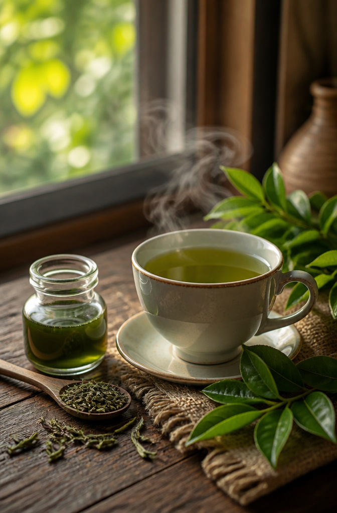 Porcelain teacup with green tea and loose leaves on a rustic table.