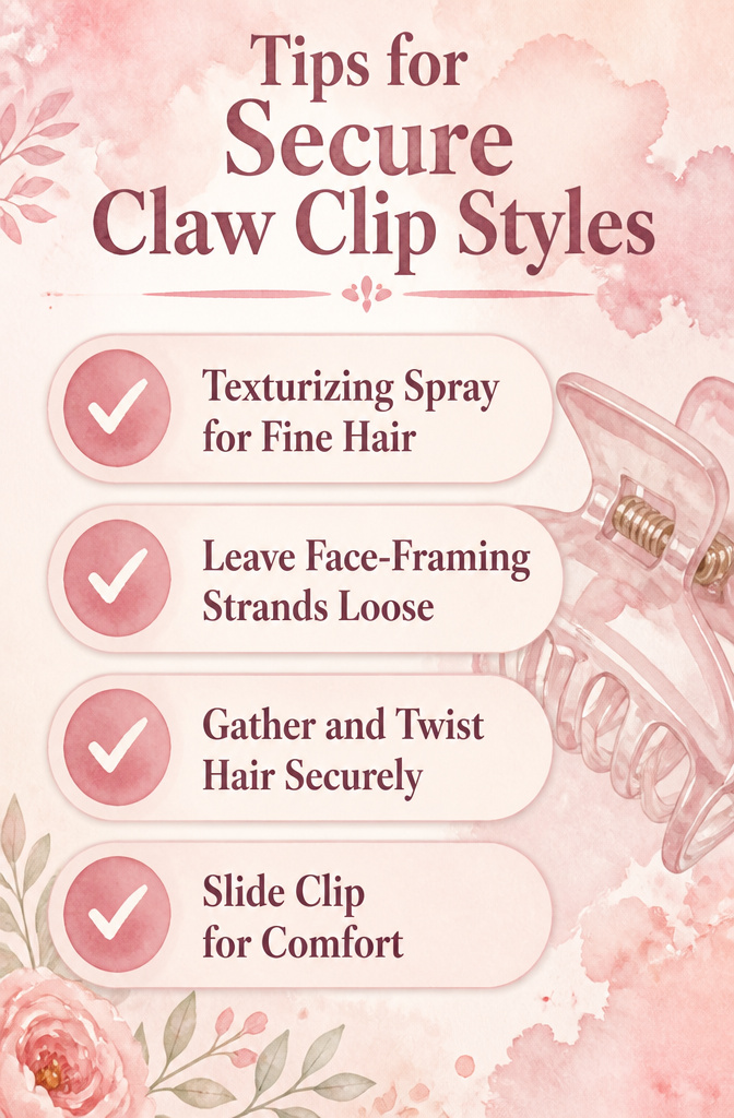 10 Hair Clips Hairstyles for 2026: French Twist, Half-Up, Bun & More 13 Information image with tips for better claw clip styles.