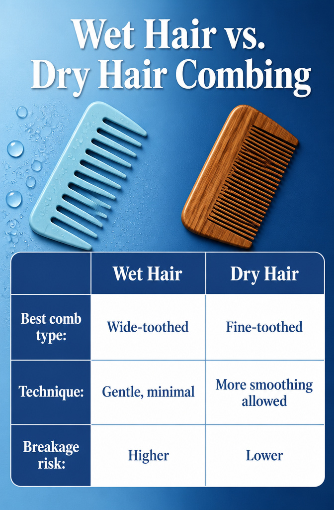 How to Comb Hair: 6 Ways to Style, Detangle, and Protect 13 Chart comparing wet and dry hair combing methods.