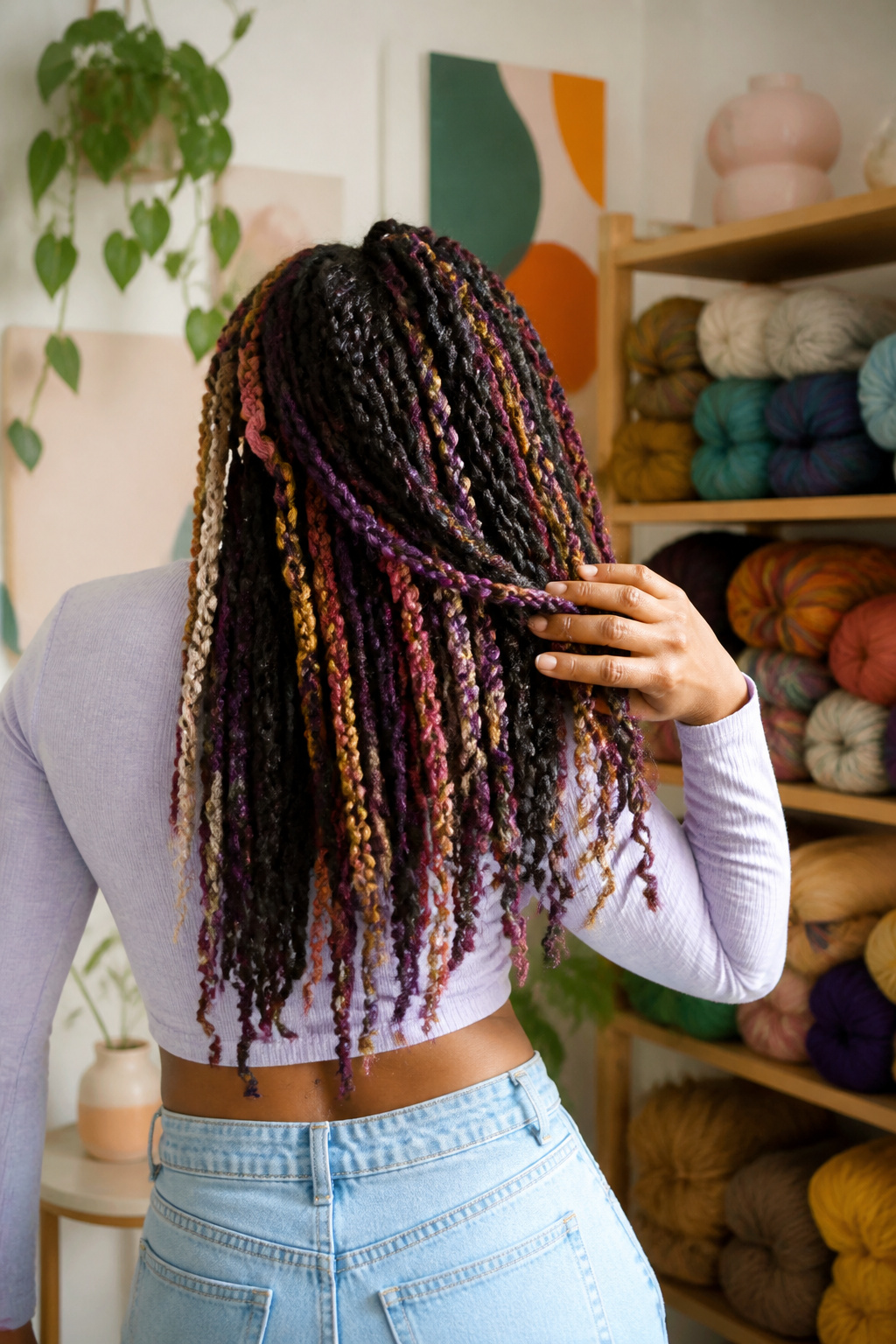 15 Crochet Braids Styles for 2026: From Box Braids to Butterfly Locs 13 Model displaying yarn crochet braids in a vibrant DIY decor setting.