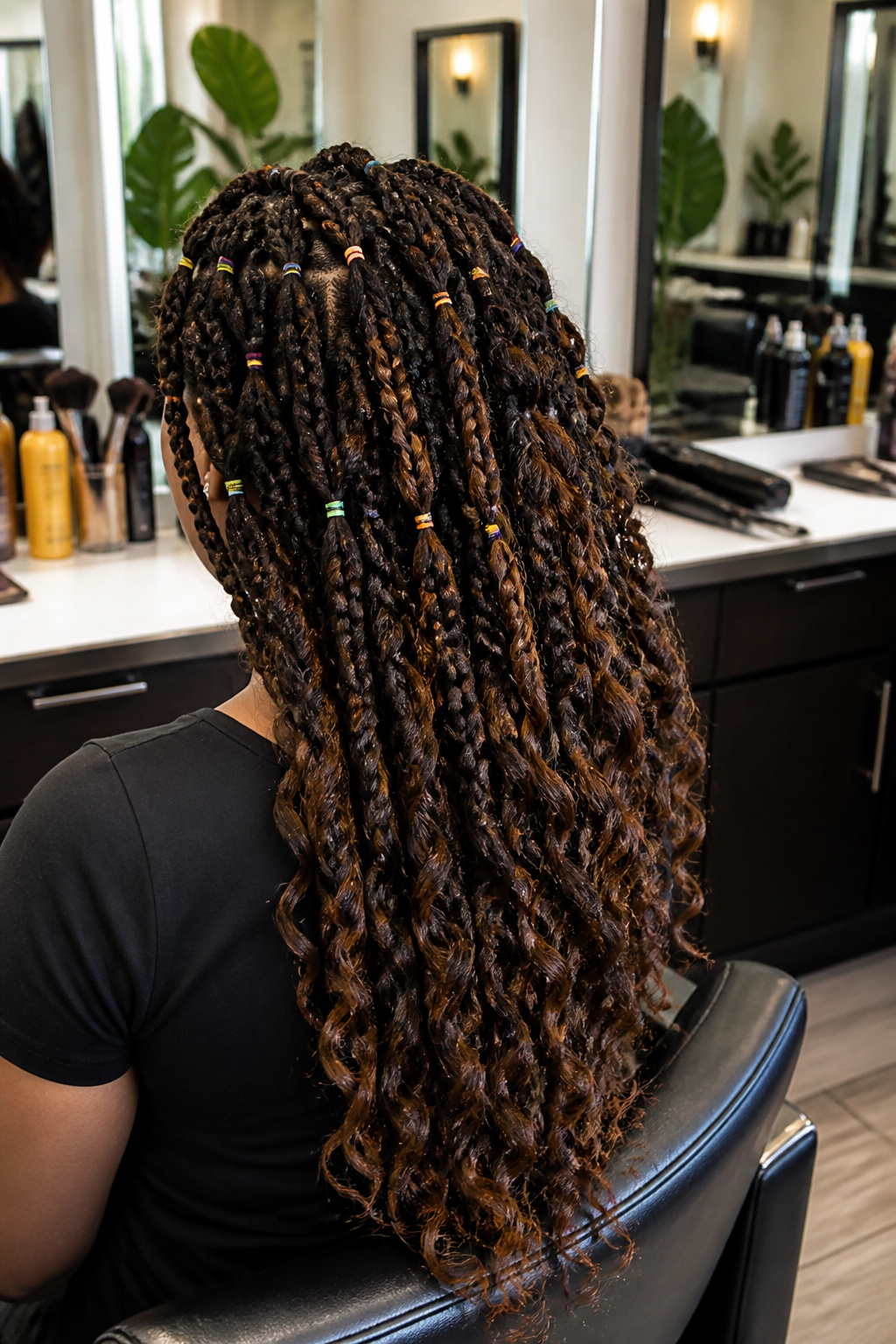 15 Crochet Braids Styles for 2026: From Box Braids to Butterfly Locs 14 Model showcasing crochet braids with colorful rubber bands in a salon.
