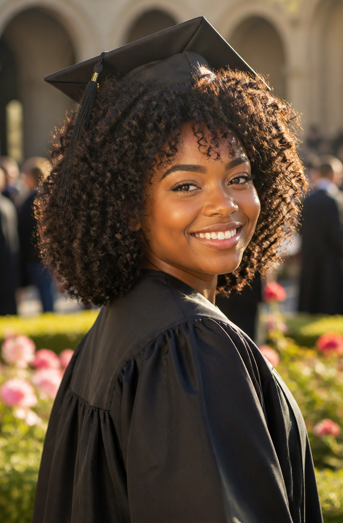 20 Down Hairstyles for Graduation That Work with a Cap 14 Graduate displaying afro-textured curls styled around her mortarboard cap.
