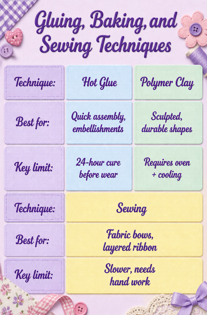 DIY Hair Clips: 12 Ideas for Statement, Bow, Beaded and More 14 Illustration of hot glue, baking polymer clay, and sewing methods for clips.