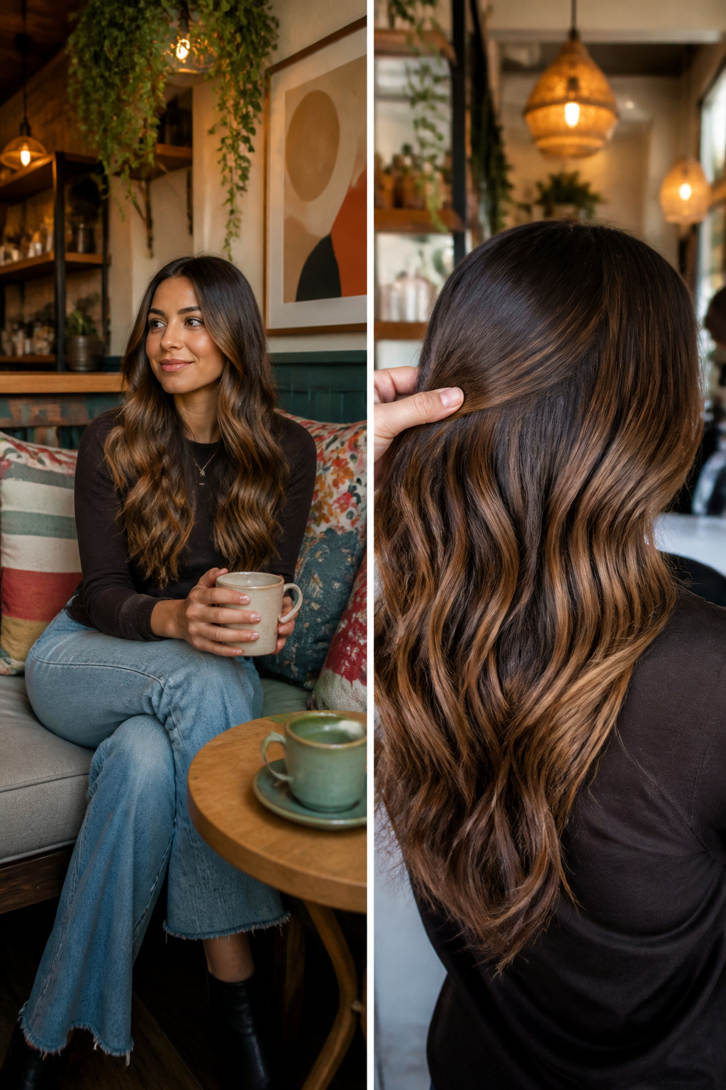 A model showcasing chocolate brown hair with butterscotch balayage.