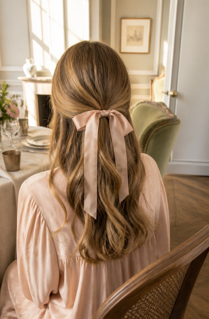 20 Easy Hairstyle Ideas You Can Do in Minutes (2026) 14 A model with a half-up hairstyle tied with a satin ribbon.