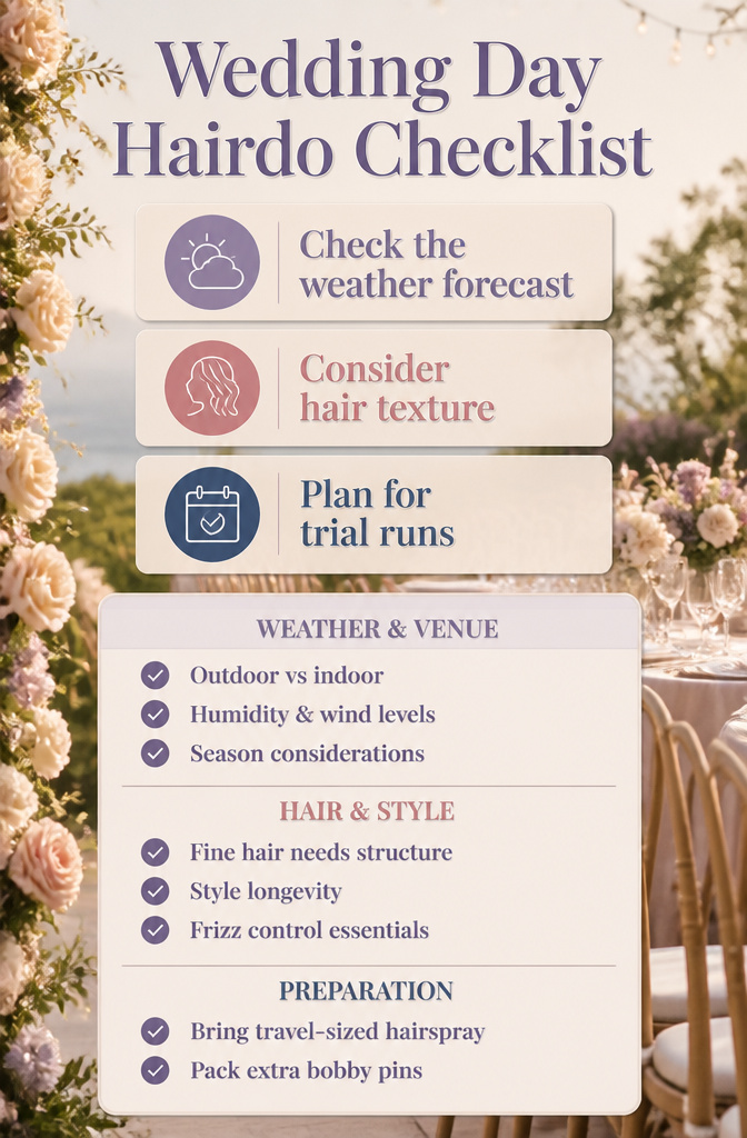 12 Bridesmaid Hairdo Ideas for 2026: Updos, Braids, Waves & More 14 Checklist image highlighting practical wedding day hair considerations.