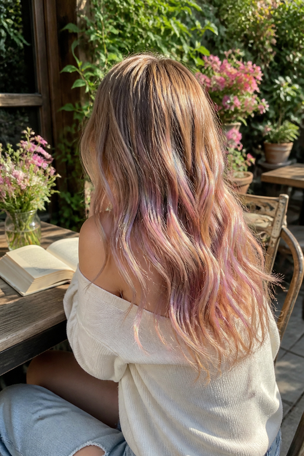 Best Holographic Hair Ideas: Colors, Styles and Techniques for 2026 14 Model with babylights in a garden cafe surrounded by flowers.