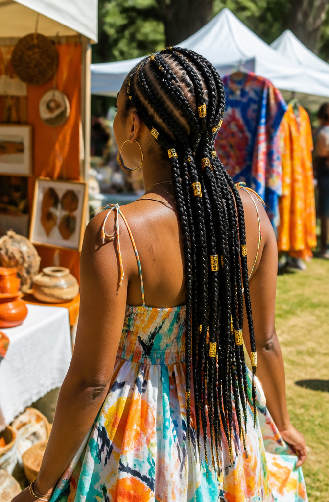 20 Pretty Hairstyles with Braids for 2026 14 Woman with lemonade braids styled with decorative cuffs at a festival.